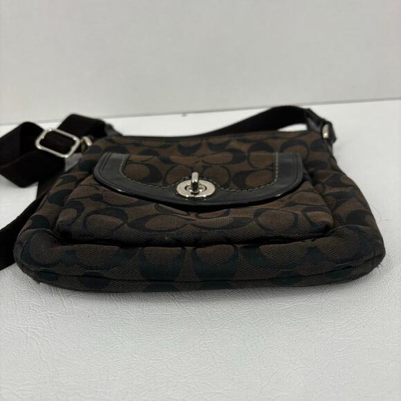 Coach Signature Canvas Small Crossbody Bag Brown Black Zip Top Twist Lock Pocket - Picture 5 of 9